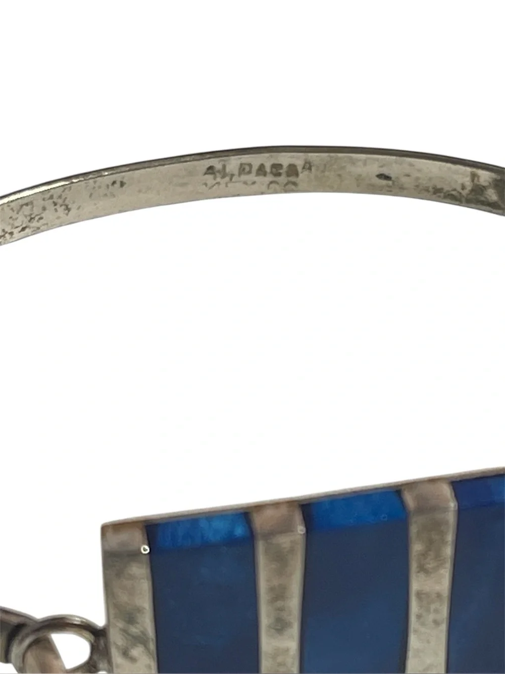 Alpaca Mexico Lapis Lazuli Inlay Hinged Bangle Bracelet Blue Stone 7.25”